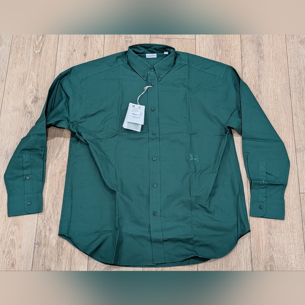 $840 Mens BURBERRY Cotton Oxford EKD Logo LS Button Up Shirt Green 3XL